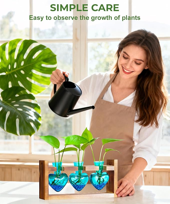 Nacome Plant Terrarium Propagation Stations: Birthday Gifts for Plant Lovers Women Mom Wife Daughter - 3 Bulb Glass Vase with Wooden Stand Tabletop for Hydroponics Home Garden Wall Decor