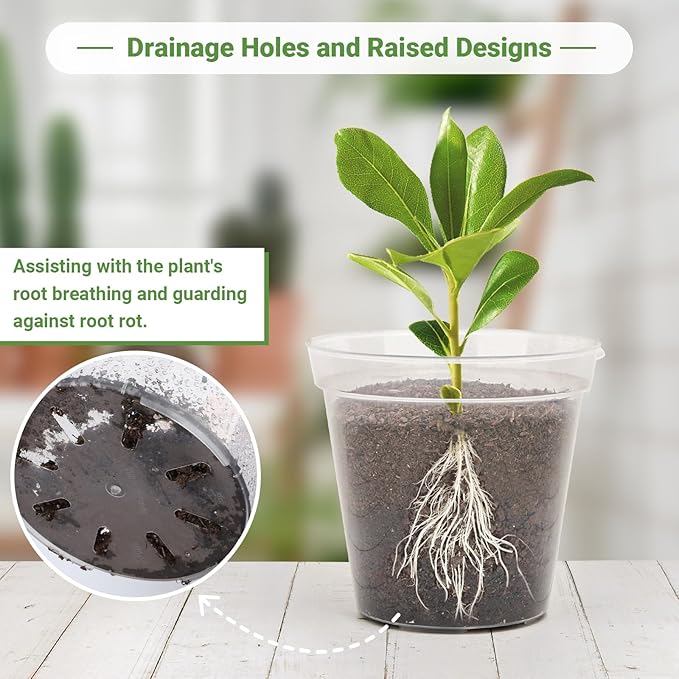 GREANER 9 Inch 10 Packs Clear Nursery Pots, Plastic Nursery Pot for Plants, Durable Seed Starting Pot with Drainage Holes, Flexible Transparent Pot for Outdoor Indoor Plants（20 Plant Labels）