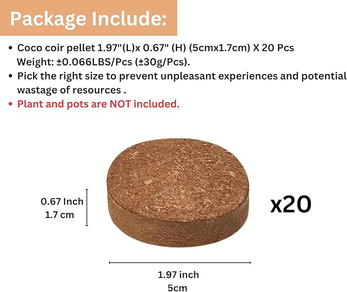 Maxona Seed Starter Coco Coir Peat Pellets - 20 Pcs 50mm (30g/Pcs) Compressed Pellet Mulching Medium for Plant, Easy to Expand, Organic Fiber Husk Substrate for Plants, Flowers, Herbs and Seedlings