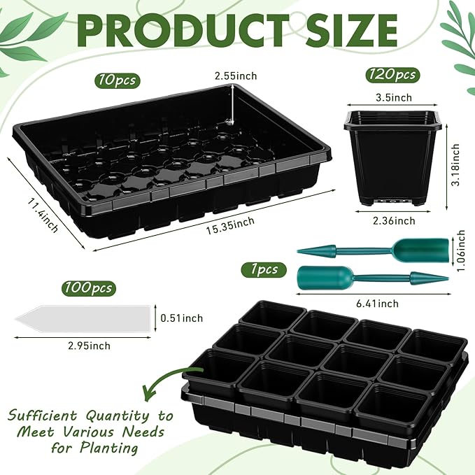 Nuenen Seed Starter Tray 10 Pcs, 3.5 Inch Square Nursery Pots 120 Pcs, Seed Starting Pot with Drainage, Seedling Trays, Microgreenings Plant Propagation Germination Tray, 10 Set