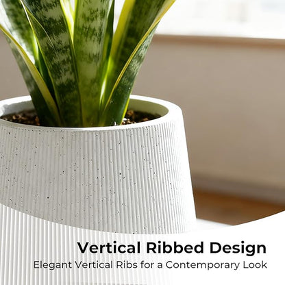 Worth Garden White Large Round Planter, 9" Dia x 13" H Lightweight Magnesium Oxide Cement Plant Pot with a Striped Textured Finish, Raised Pattern Concrete Look, Drainage Hole, Indoor & Outdoor Use