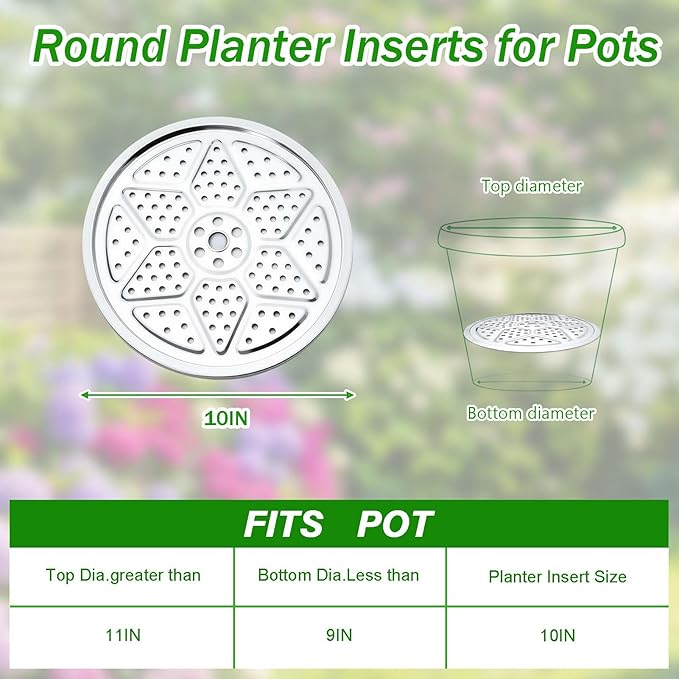 3PCS Round Planter Inserts for Large Tall Pots, 10" Stainless Steel Flower Pot Lift Insert Portable Planter Accessories Circular Plant Risers for Inside Pots with Drainage Hole, Use Less Potting Soil