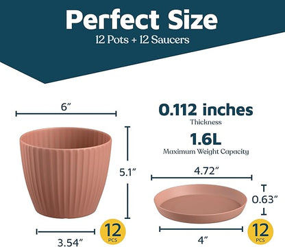 Pink 6-Inch Plant Pots with Drainage & Saucers 12 Pack, Indoor & Outdoor Planters for Houseplants, Herbs, and Flowers, Durable & Weatherproof Material, Stackable, Lightweight, Minimalist Design