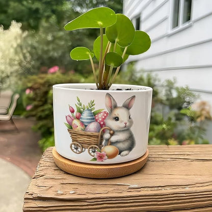 DreamAutumn Easter Bunny with Eggs Planter Ceramic Round Plant Pots with Drainage Holes and Bamboo Tray Planting Small Flower Pots for Home Windowsill Desk Garden Indoor Outdoor Use