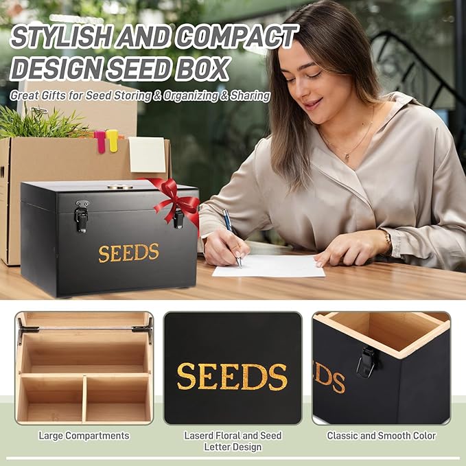 Professional-Designed Bamboo Seed Storage Box with Built-in Hygrometer, Double-Layer Airtight Lid and Safety Lock, Temperature-Stable Wooden Seed Organizer for Preservation, Great Gifts for Gardener