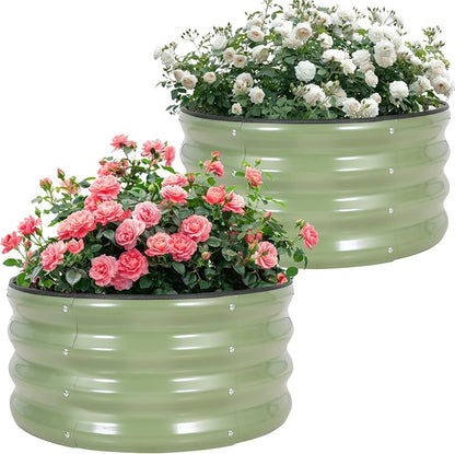 Galvanized Raised Garden Bed- 2Pcs 2x2x1FT Metal Planter Boxes Outdoor | Round Steel Raised Bed Kit & Fire Pit Ring for Gardening with Protective Tape, Gloves for Vegetables, Flower (Green)