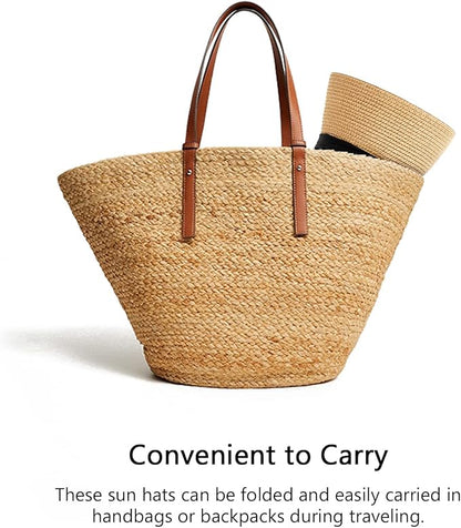 DRESHOW Women Straw Panama Hat Travel Fedora Beach Sun Hat Summer Wide Brim Straw Roll up Hat UPF 50+