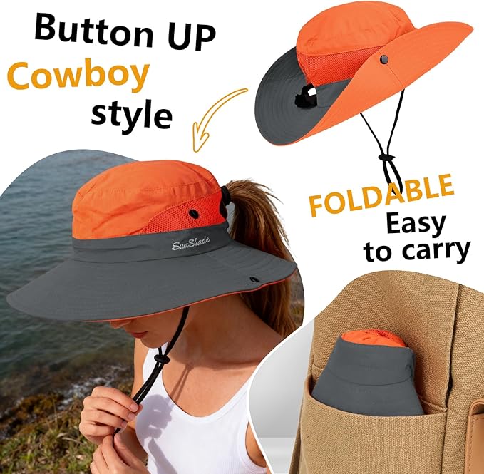ZOORON Women's Ponytail Safari Sun Hat,Wide Brim UV Protection Outdoor Bucket Hat,Foldable Beach Summer Fishing Hat