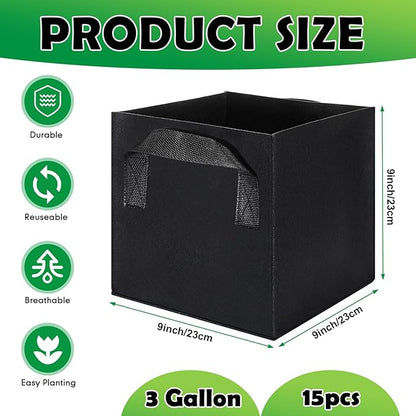 Nuogo 15 Pack 3 Gallon Square Grow Bags Thick Fabric Pots with Handles Black Plant Grow Bags for Indoor and Outdoor Garden
