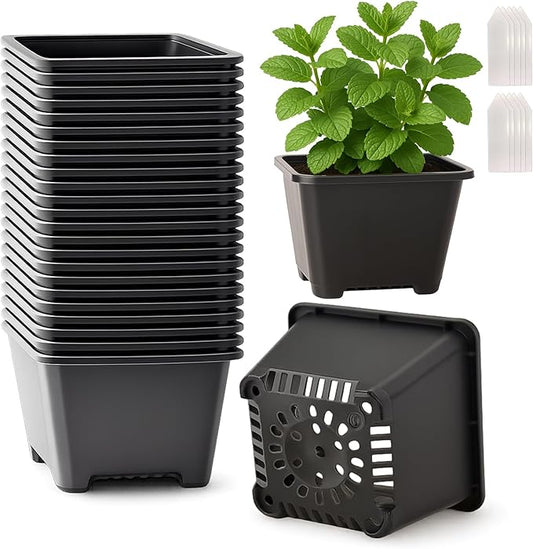 25 Packs Square Nursery Pots for Plants 4 Inch Succulent Plant Pots Set Plastic Seedling Starting Pots with Drainage Holes Nursery Pots Variety Pack Flower pots Planter Seed Starter, Black