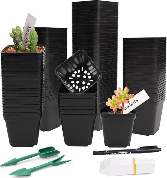 SUNPRO 100Pcs Square Nursery Pots 2.6 Inch Flexible Plastic Seedling Pots Small Plant Pot Thick Seed Starter Pot for Plants, Succulent, Flower with 60Pcs Plant Labels