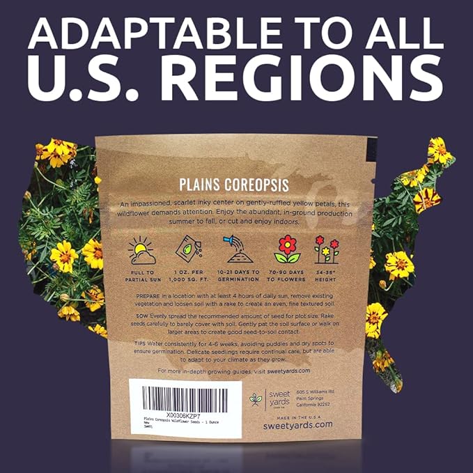 Plains Coreopsis Seeds – Native Flowers – Extra Large Packet – Over 100,000 Open Pollinated Non-GMO Wildflower Seeds – Coreopsis tinctorial