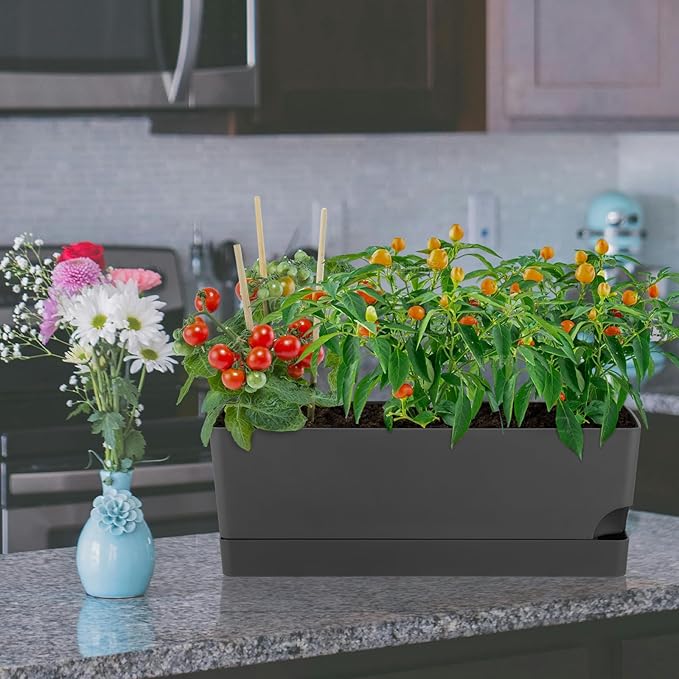 2 Pack Rectangle Self Watering Pots for Indoor Plants 17 Inches Window Boxes Planters Rectangular Flower Pots Herb Large Plant Pots with Drainage Holes and Saucers Windowsill Planter, Grey