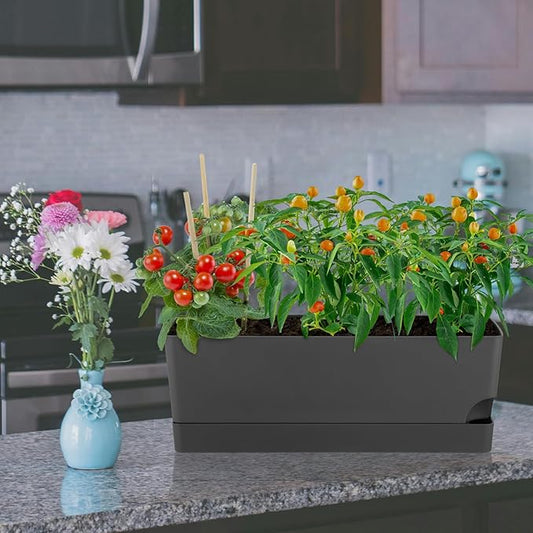 2 Pack Rectangle Self Watering Pots for Indoor Plants 17 Inches Window Boxes Planters Rectangular Flower Pots Herb Large Plant Pots with Drainage Holes and Saucers Windowsill Planter, Grey