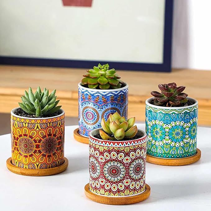 Yesland 4 Pack Succulent Plant Pots with Bamboo Tray, 3 Inch Ceramic Mandalas Pattern Cylinder Planter & Flower Pots with Drainage Hole, for Flowers, Cactus, Home, Garden, Office Decoration