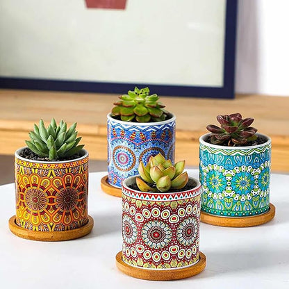Yesland 4 Pack Succulent Plant Pots with Bamboo Tray, 3 Inch Ceramic Mandalas Pattern Cylinder Planter & Flower Pots with Drainage Hole, for Flowers, Cactus, Home, Garden, Office Decoration