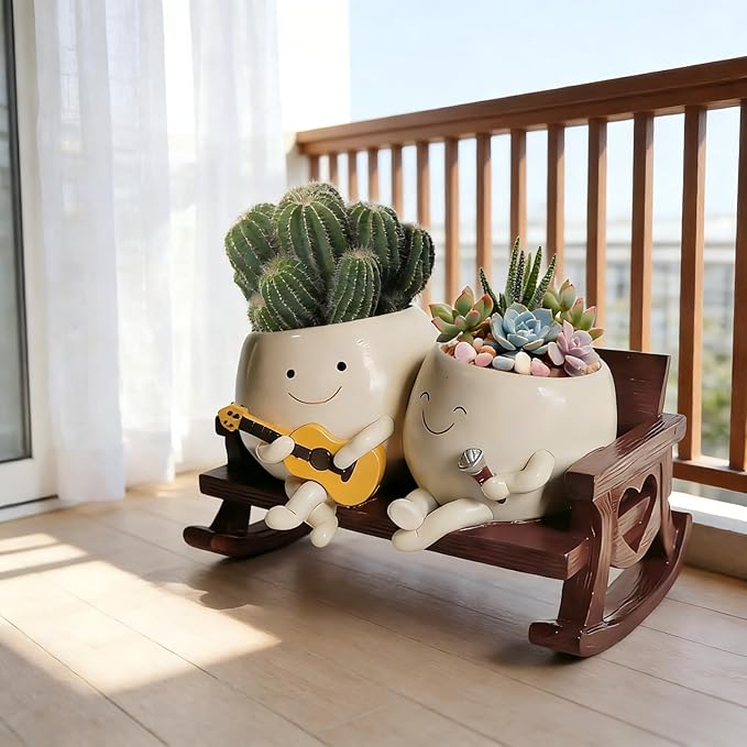 Smiley Face Planter Pot, Cute Funny Heart Rocking Chair Double Head Face Planter Pot with Unique Guitar and Microphone for Indoor Outdoor, Succulent Flower Pots with Drainage Hole ﻿