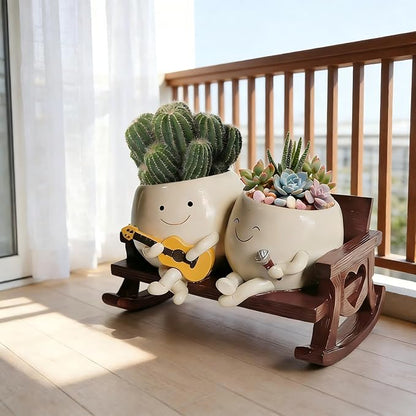 Smiley Face Planter Pot, Cute Funny Heart Rocking Chair Double Head Face Planter Pot with Unique Guitar and Microphone for Indoor Outdoor, Succulent Flower Pots with Drainage Hole ﻿