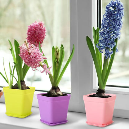 Tioncy 100 Pcs 3 Inch Mini Plant Pots with Tray, Colorful Plastic Plant Pots Flower Seedling Pots Nursery Pots with Saucers for Garden, Indoor Outdoor, Home, Office, Balcony Decor