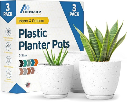White Grey Plant Pots with Drainage Holes & Saucers 3 Pack, Indoor & Outdoor Stackable Space-Saving Planters for Houseplants & Flowers, (7", 6.7", and 6" Inches), Durable & Weatherproof Materials