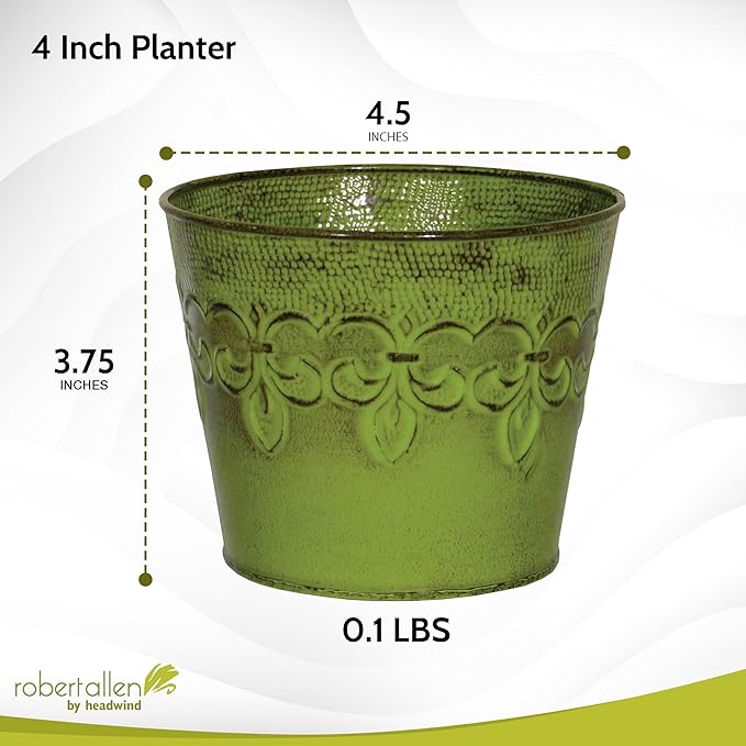 Robert Allen MPT01888 Fluer De Lis Series Metal Planter Flower Pot 4-Inch Tansy Green