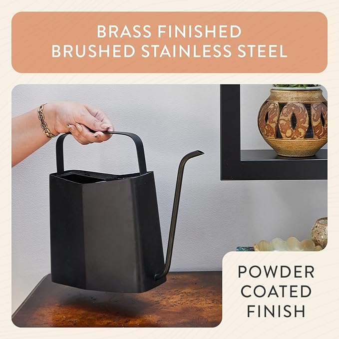 Modern Sprout Brass Finish Plant Watering Can - 3L Capacity - Long Spout Stainless Steel Vessel for Outdoor & Indoor Plants - Rust Resistant - Garden Accessory for Houseplants & Decorative Use (Black)