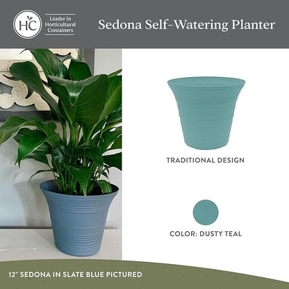 The HC Companies 12 Inch Sedona Round Self Watering Planter Pots, Lightweight UV-Resistant Plastic Indoor & Outdoor Planters, 2-Pack Flower Pots for Garden & Home Decor, Dusty Teal