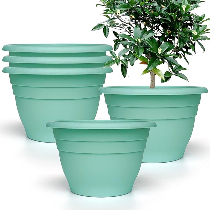 Plant Pots Set of 5,10" Outside Diameter Flower Pots, 6.4" Depth Plant Planters with Drainage Hole, Durable Garden Pots Perfect for Indoor & Outdoor Plant Planting,Decor(Blue)