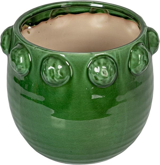 Creative Co-Op Round Terra-Cotta Planter with Raised Dots Design, Green