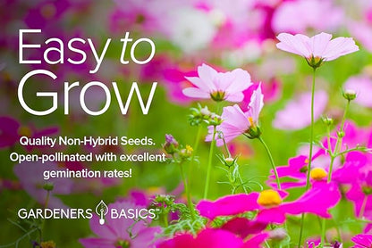 Gardeners Basics, Cosmos Seeds for Planting Outdoors Flower Seeds (4 Variety Pack) Cosmos Candystripe, Sensation Mix, Dazzler, Purity Pink and White Varieties for Bees, Pollinators Wildflower Seed