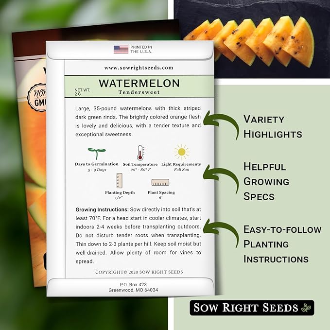 Sow Right Seeds - Tendersweet Watermelon Seeds for Planting - Non-GMO Heirloom Seeds to Plant a Home Vegetable Garden - Unique Orange Flesh Melon - Sweet Summer Treat to Grow Outdoors (3)