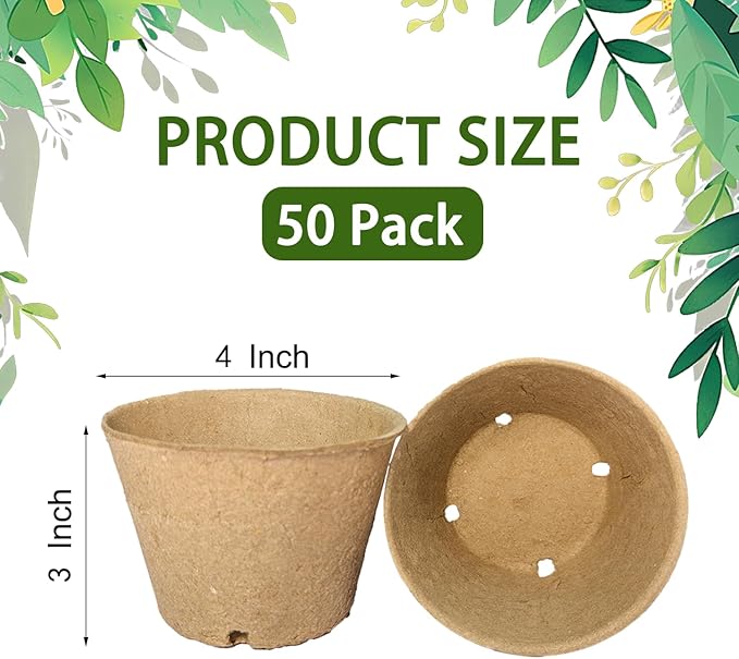 100 Pack 4 Inch Peat Pots, Biodegradable Seed Starter Pots with Drainage Holes for Indoor/Outdoor Gardening, Eco-Friendly Garden Germination Nursery Pots. (50, 4 Inch)