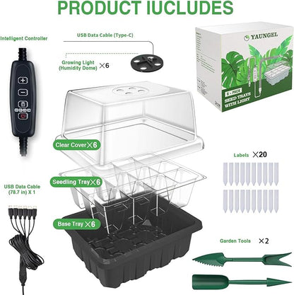 YAUNGEL Seed Starter Tray with Grow Light, 6 Pack Seed Starter Kit with Timing Controller Adjustable Brightness, Thicken Seedling Starter Trays with Humidity Domes Heightened Lids, Black