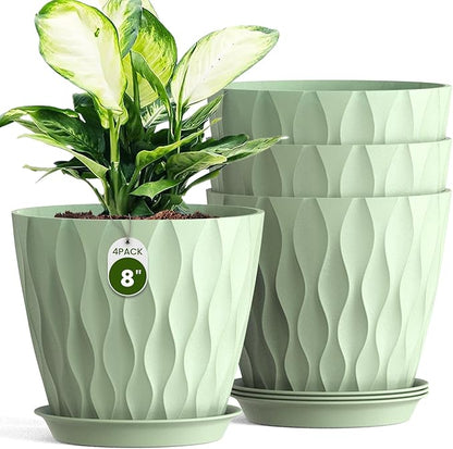 Plastic Plant 8 Inch, 4 Pack with Drainage Holes & Saucers, Water Wave Decorative Plant Pots for Indoor Outdoor Plants, Patio, Garden, Home Decor (4, Green)