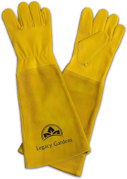 Leather Gardening Gloves for Women & Men, Long Garden Gloves, Cowhide Gauntlet Rose Pruning Thorn Resistant, Forearm Protection, Small, Yellow