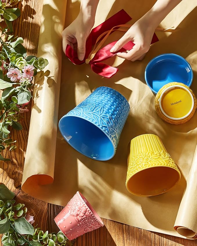 Ceramic Plant Pots, 3.8+4.9+5.8 Inch, Set of 3 Flower Pots with Drainage Hole & Saucer, Embossed Planter Pots for House Plants, Home Decor, Set of 4, Assorted Colors