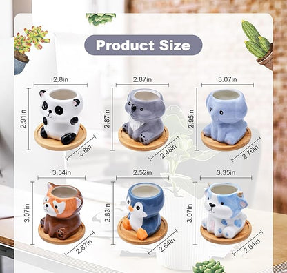6 Pack Animal Ceramic Succulent Pots with Drainage – Mini Cute Planters with Bamboo Trays for Indoor Plants & Cactus, Adorable Animal Pots for Desk, Office, Home Decor, Gift for Kids & Plant Lovers