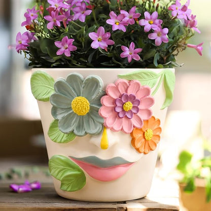 GUGUGO Unique Face Flower Plant Pots, Colorful Cute Succulent Planters with Drainage, Abstract Rainbow Head Flower Planters Pots for Indoor Plants, Funny Eclectic Home Décor (Blue&Pink, 5Inch)