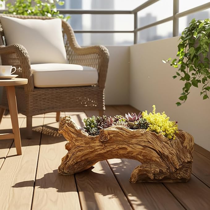 Hiceeden Artificial Driftwood Succulent Planter, Resin Tree Stump Sculpture Rustic Cactus Flower Pot for Herb, Strawberry, Small Plants, Natural Color Drainage Hole, 14.6" L x 4.3" W x 5.1" H