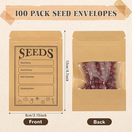 100pcs Seed Saving Envelopes with Clear Window, 4.7x3.1 Inch Reusable Seed Kraft Storage Organizer Packets Envelopes for Flower Vegetable Plants Garden Seeds Saving & Collecting
