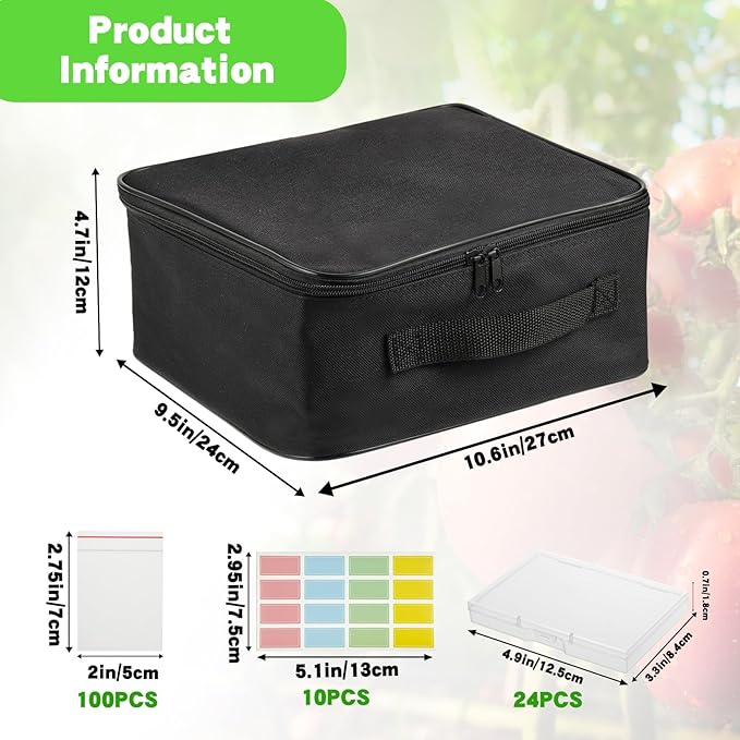 24 Slot Seed Storage Organizer Box with Dual Zipper Bag, Garden Seed Organize Sealed Bags and 160 Pcs Label Stickers Saving Container Keeper Set for Garden Vegetable Flower Plants