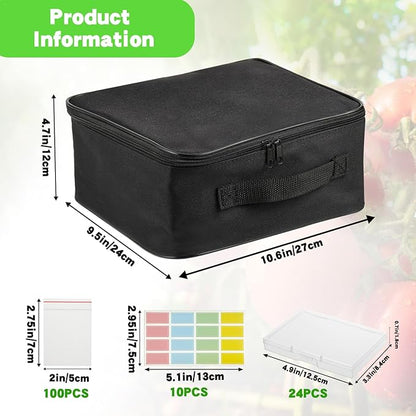 24 Slot Seed Storage Organizer Box with Dual Zipper Bag, Garden Seed Organize Sealed Bags and 160 Pcs Label Stickers Saving Container Keeper Set for Garden Vegetable Flower Plants