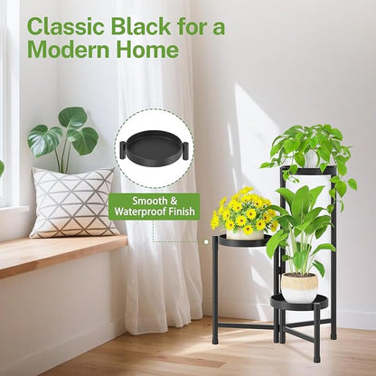 iDavosic.ly Plant Stand Indoor Outdoor, 3 Tier Corner Metal Flower Display Holder Shelf, Easy Assembly Folding Tall Orchid Rack for Patio Balcony Porch Garden Living Room House, Black