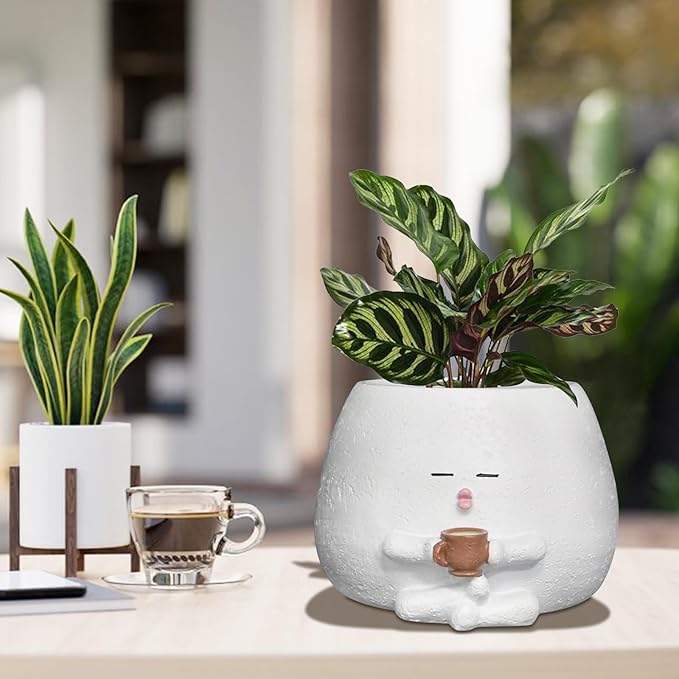 Smily Face Planter Pot with Coffee Cup Cute Resin Flower Head Planters for Indoor Outdoor Unique Sit Succulent Pots with Drainage Hole Gift IdeaI for Mother Christmas (White)