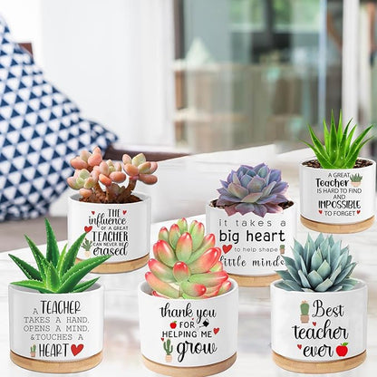 Teacher Appreciation Gifts for Women Bulk 6 Pieces Succulent Pots, 3.15 Inch Ceramic Small Plant Pots with Drainage and Bamboo Tray, Funny Christmas Birthday Retirement Thanksgiving Gifts for Teachers