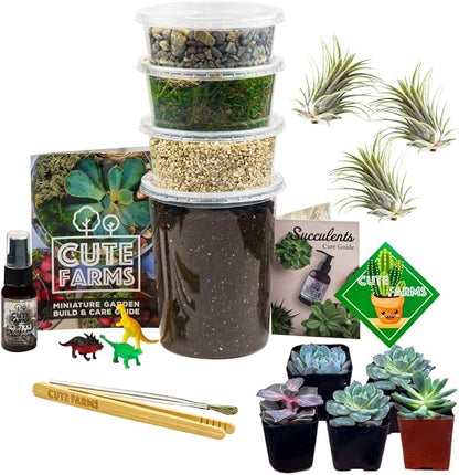 Cute Farms Terrarium Starter Kit | Moss, Vermiculite, Soil, Pebbles, Plant Food, & Finishing Tools (Large + 8 Live Plants)