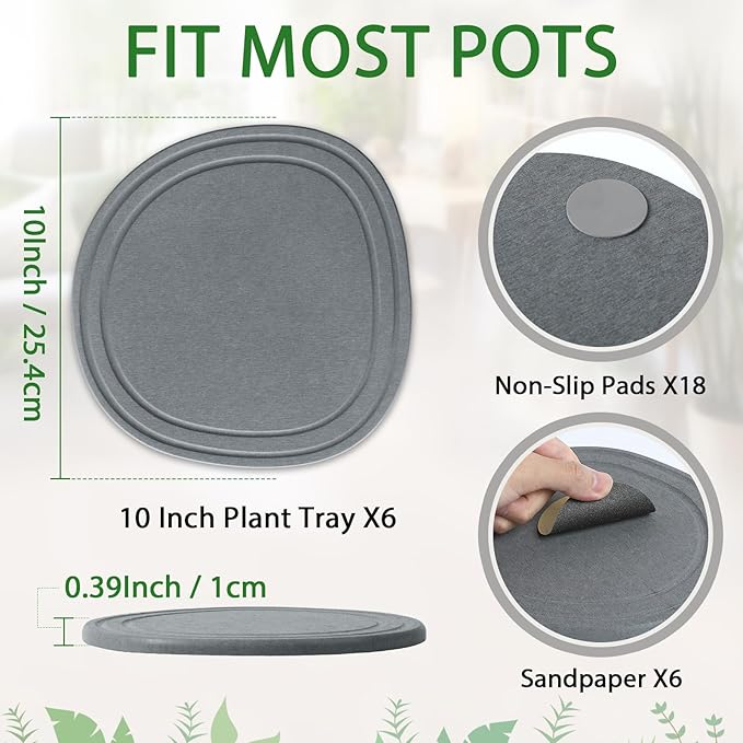 Plant Saucers for Indoors, 6 Pack 10" Quick Dry Diatomite Plant Drip Water Catcher Trays for Pots, Diatomaceous Earth Planter Drainage Saucers Plates to Catch Water for Flower, Stone Gray