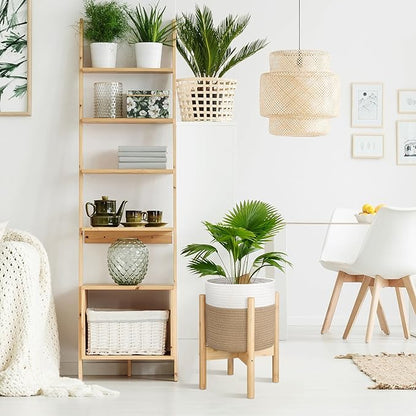 Plant Basket with Stand Indoor Planter Pot Holder Sturdy Jute Rope Modern Woven Basket, Cotton Rope Woven Pot with Bamboo Stand(White and Yellow,10 Inch)
