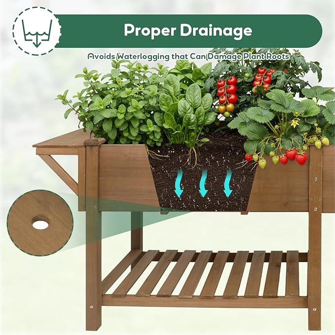 PetsCosset Raised Garden Bed with Legs, Wood Elevated Planter Box with Storage Shelf & Bed Liner, Hanging Hooks for Vegetables Flowers Herbs, Outdoor Patio & Backyard Use