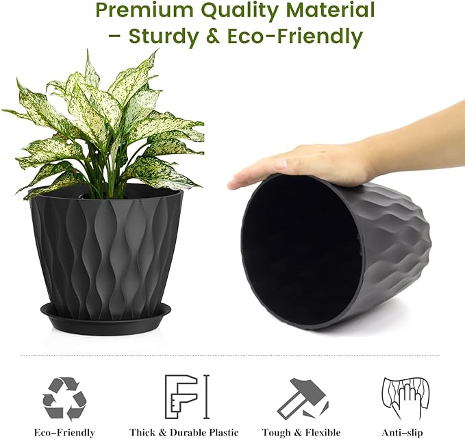 8 Inch Plant Pots, 4 Pack Plastic Planters for Indoor Outdoor with Drainage Holes & Saucers, Waffle Texture Flower Pots for Indoor Plants, Indoor Plant Pots for Monstera, Fiddle Leaf Fig, Black